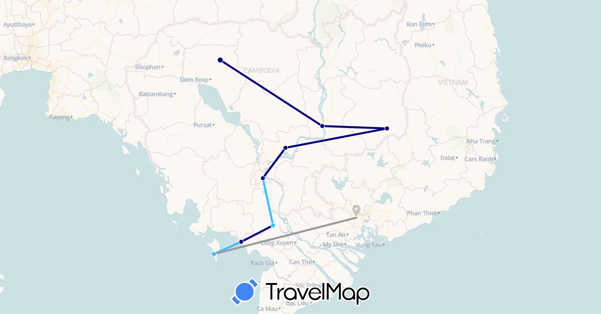 TravelMap itinerary: driving, plane, boat in Cambodia, Vietnam (Asia)